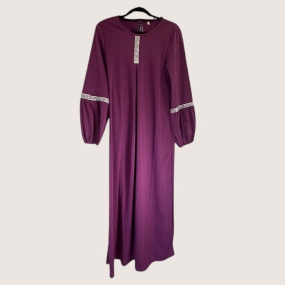 Plum Purple Sequin Trim Lantern Sleeve Abaya Maxi Dress Modest‎ Formal Gown M